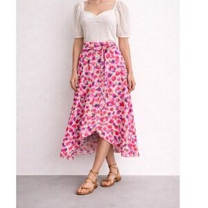 Zara Floral Wrap Midi Skirt Pink Rose Print Tie Waist Size XS Flowy Resortwear